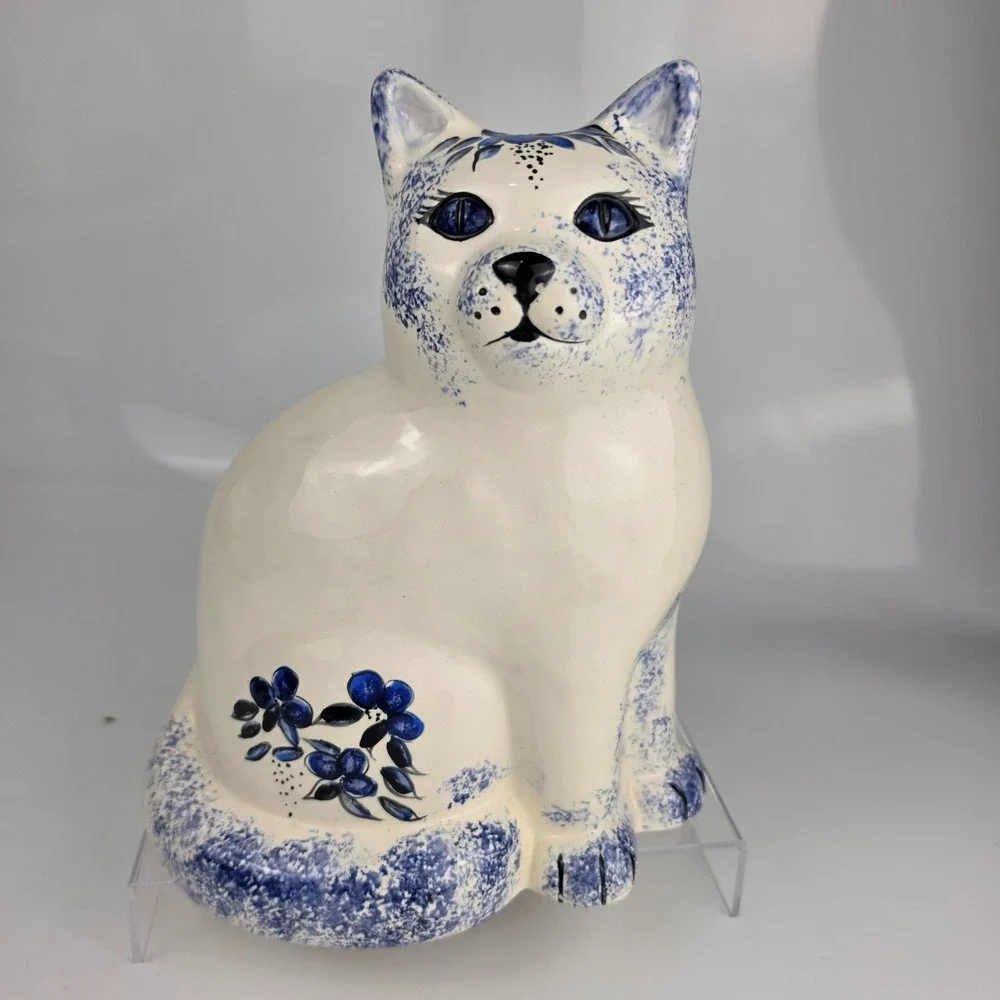 Vintage Blue White Cobalt Spongeware Ceramic Cat Figurine Large Sitting Folk Art